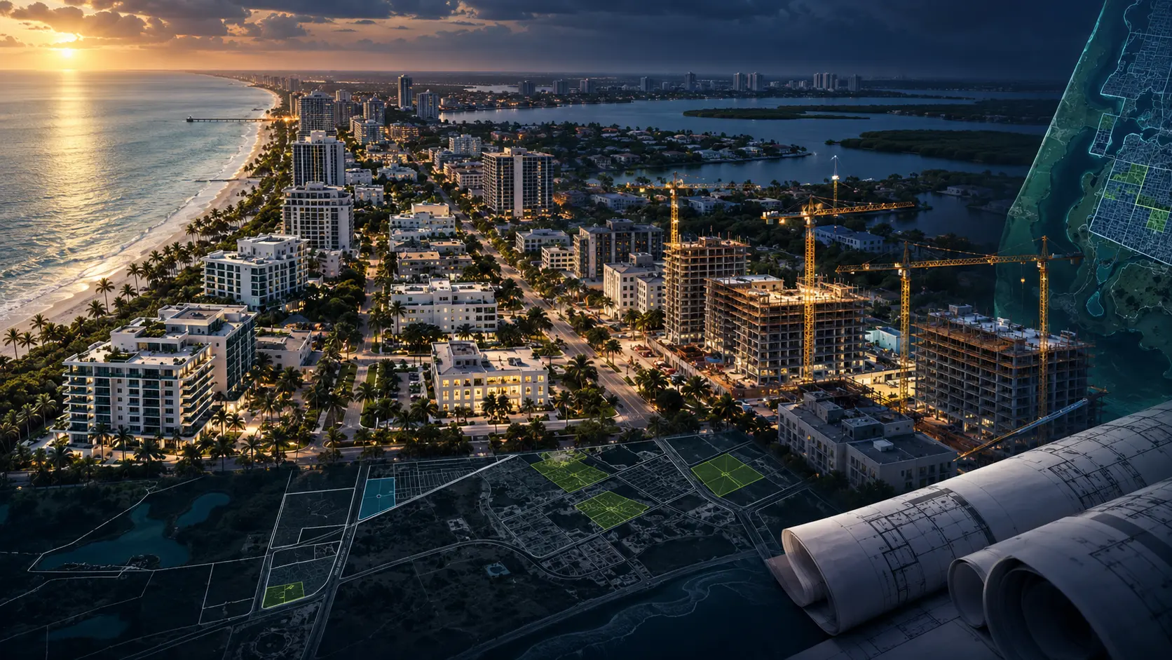 Editorial cover combining an aerial view of Naples with planning and construction imagery